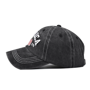 Dark grey washed cotton baseball cap with USA flag embroidery and 1776 patch