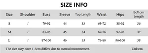 Size information chart with measurements for French style off-shoulder top and skirt set