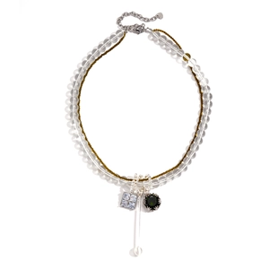 Double-layered beaded necklace with cubic zirconia pendants and silver lobster clasp