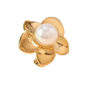 Minimalist stainless steel open ring with a five-petal flower and central pearl