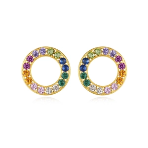 Fashionable S925 silver needle gold hoop earrings with vibrant rainbow cubic zirconia stones