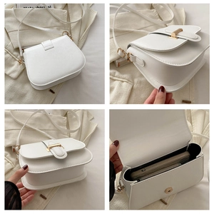 Detail views of white PU leather crossbody bag showing back, side, and interior capacity
