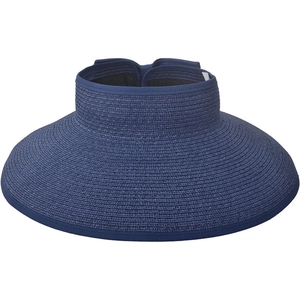 Dettaglio della trama fine e della tesa larga di un cappello di paglia blu navy