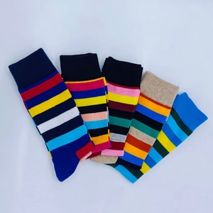 Flat lay showing a set of five colorful striped cotton crew socks for basketball and sports