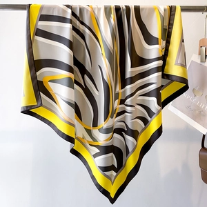 Abstract yellow and grey striped square silk scarf for women in minimalist style