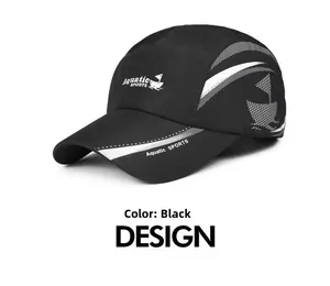 Detail of black quick-dry baseball cap with mesh vents and Aquatic SPORTS logo