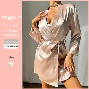 Peignoir En Imitation Satin Pour Femmes Manches Longues Satin Champagne Soyeux Vêtements De Nuit Avec Ceinture