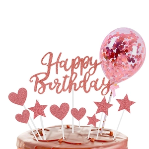 Pink glitter Happy Birthday cake topper set with star, heart shapes and sequin balloon