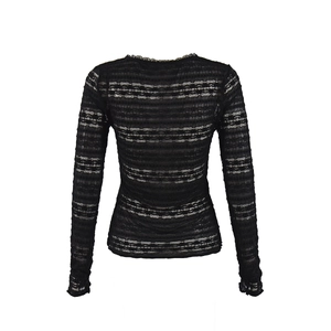 Close-up of the back view of this sexy black sheer lace long sleeve blouse with floral texture
