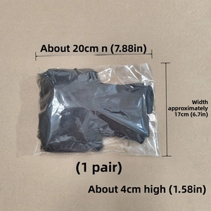 Flat lay of black knit plush leg warmers in polybag packaging with dimensions shown