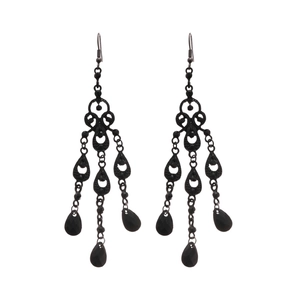 Elegant black teardrop chandelier drop earrings featuring a layered fringe gothic design