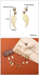 Detailed view of gold wing-shaped stainless steel earrings with IP plating specifications
