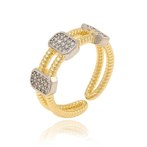 French style gold twisted double-strand ring with square zircon inlays on white background