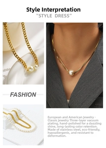 Detailed view of gold stainless steel necklace with pearls and vacuum plating finish