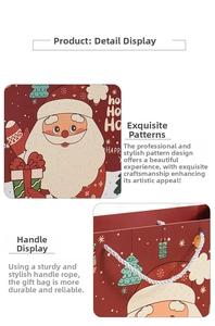 Detailed view of Santa Claus gift bag with white twisted handles and festive HO HO HO print