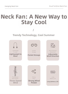 Detailed feature icons showing portable neck fan speed modes and foldable storage design