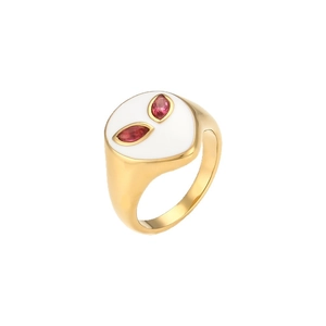 18K gold plated alien ring with white enamel and red marquise-cut gems on white background