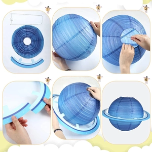 DIY blue planet paper lantern assembly guide showing 6-step installation steps
