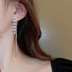 Silver wheat ear tassel earrings with sparkling zircon crystals for women, elegant jewelry