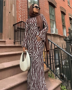 Detail of zebra print maxi dress with flared sleeves and matching modest headscarf style
