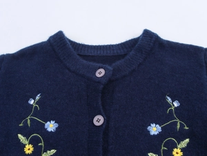 Detailed close-up of floral embroidery on a navy blue wool-blend knit cardigan