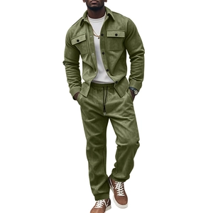 Men's olive green suede tracksuit featuring button-down cargo shirt and drawstring trousers
