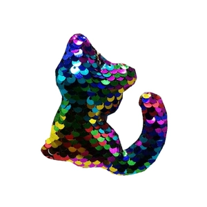 Cute sequined cat keychain with iridescent rainbow sequins on a white background