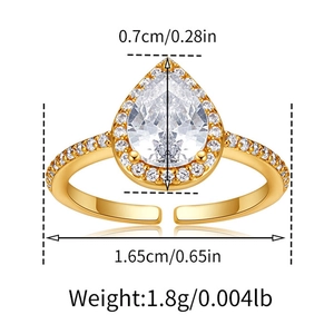 Detailed size specifications of pear-shaped zircon adjustable ring in gold plating