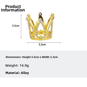 Golden mini cake crown with white rhinestones showing dimensions 3.5cm by 3.3cm