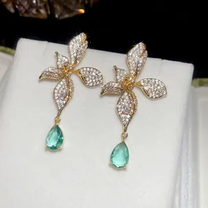 Luxury 18k gold plated flower drop earrings with white zircon and emerald green pear stone