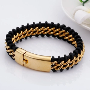 Men's titanium steel woven bracelet with black rubber links and gold metal clasp