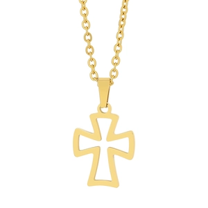 Minimalist gold stainless steel hollow cross pendant necklace on a clean white background