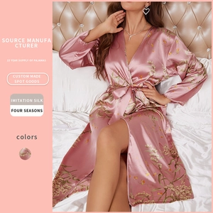 Elegante Vestaglia Da Donna A Maniche Lunghe Stampa Floreale Imitazione Raso Satin Scollo A V Con Cintura