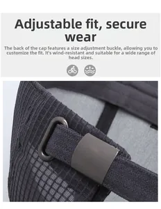 Close-up of adjustable metal buckle and breathable mesh fabric on dark grey sports cap