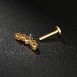 F136 titanium leaf stud earring with gold finish and zircon inlays for body piercing