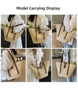 Collage of large straw tote with brown leather straps and stylish tassel detail