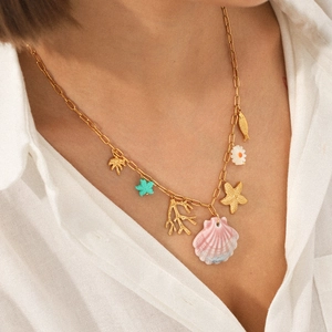 Golden starfish and shell pendant necklace with colorful ocean charms for women
