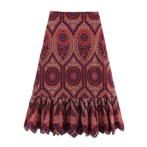 Boho-Rock in Rotbraun mit bunter Stickerei, A-Linie und stilvollem Volantsaum