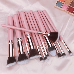 Detail of 12-piece pink makeup brush set with rose gold ferrules on silk background