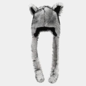Plush fox ear trapper hat with grey striped faux fur and long scarf earflaps for winter