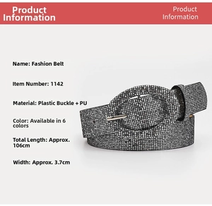Detailed spec view of glitter silver PU belt with oval buckle measuring 106cm by 3.7cm