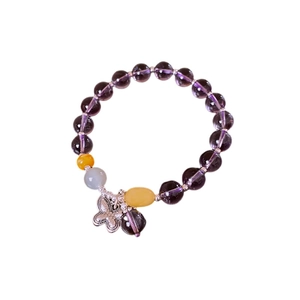 S925 Silver bracelet with purple amethyst beads, yellow jade accent and butterfly charm