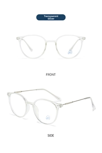 Front and side view of ultra-light round anti-blue light glasses in silver-transparent