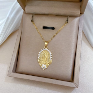 Gold Virgin of Guadalupe pendant necklace with zircon halo in premium jewelry box