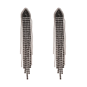 Gothic style long black tassel earrings with triangle diamond studs for elegant women