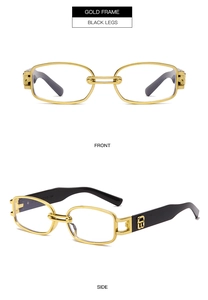Detail of gold metal frame sunglasses featuring chain bridge design and B-logo on temples