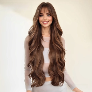 Detailed close-up of wavy brown long wig with French bangs and natural texture