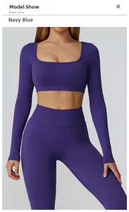 Détails de l'ensemble de yoga sans couture bleu marine avec manches longues et legging taille haute