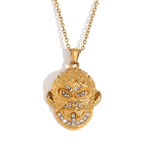 Collier en acier inoxydable plaqué or 18 carats avec un pendentif singe serti de diamants
