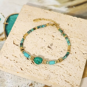 Bohemian Turquoise Beaded Bracelet Natural African Stone Gold Plated Stainless Steel Adjustable For Women
